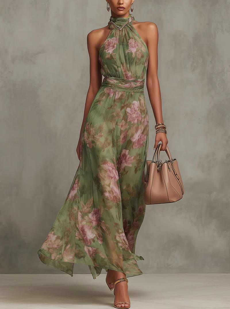 Livia | Robe longue à col halter et imprimé floral