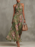Serena ∙ Vestido largo de gasa verde con estampado floral y escote halter