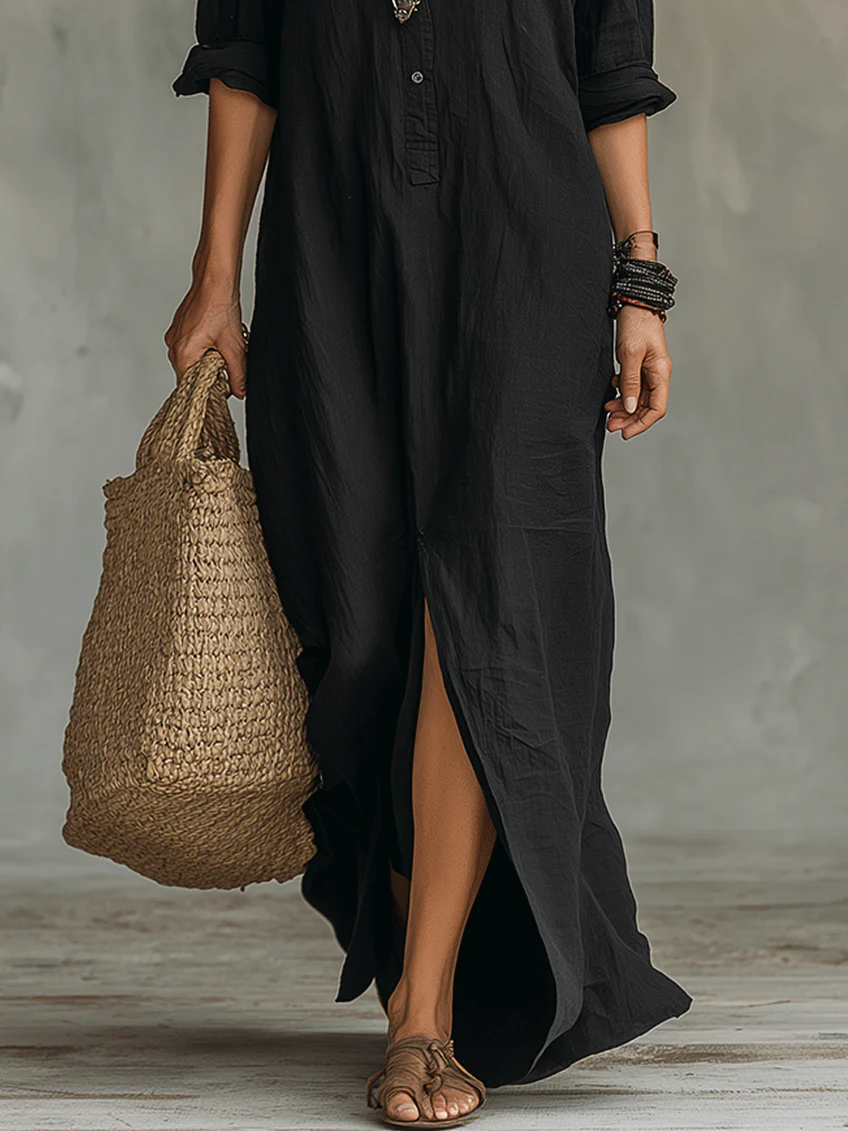 Soline™ | Vestido largo verde holgado con botones