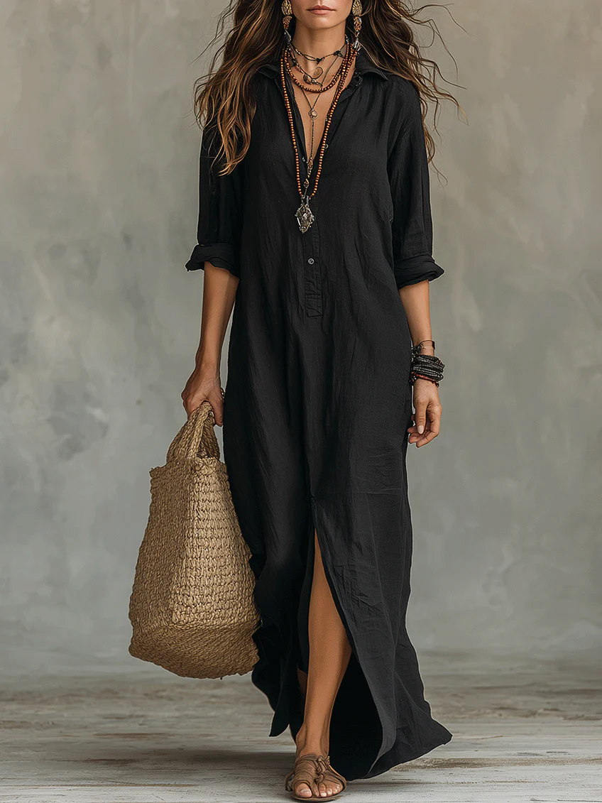 Soline™ | Vestido Maxi Negro Fluido con Botones