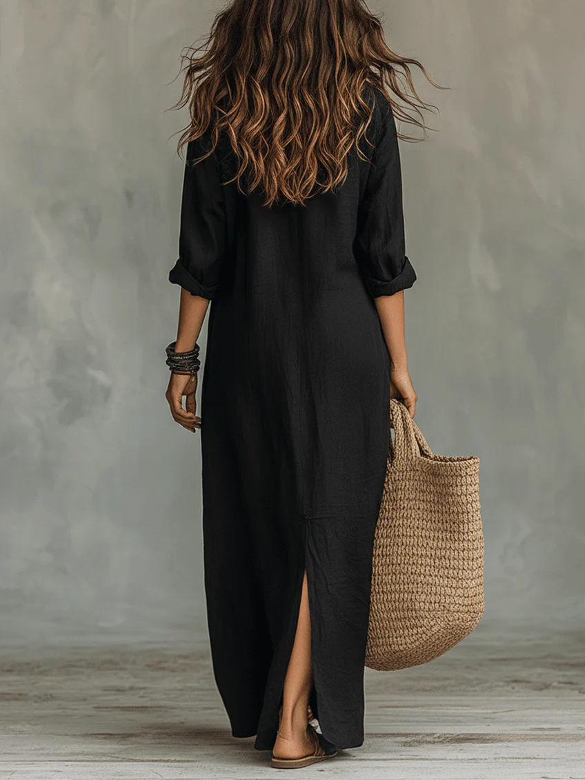 Soline™ | Vestido largo verde holgado con botones