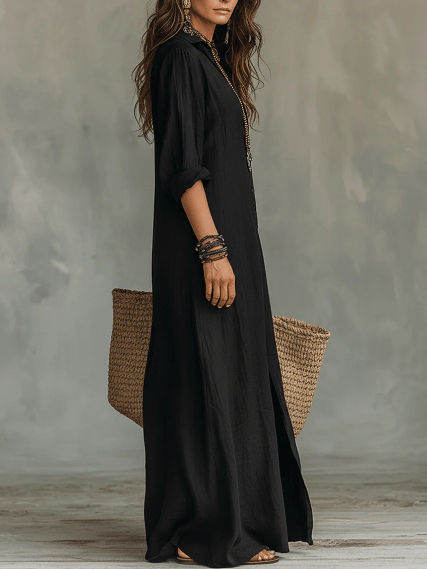 Soline™ | Vestido largo verde holgado con botones