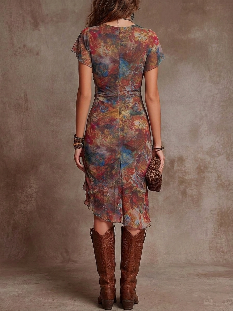 Martina - Vestido midi plisado con escote en V y estampado abstracto de estilo bohemio.