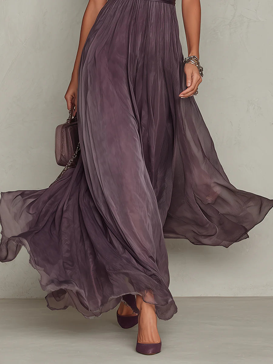 Flavia - Vestido largo morado con escote en forma de ojo de cerradura y ribete de encaje de gasa