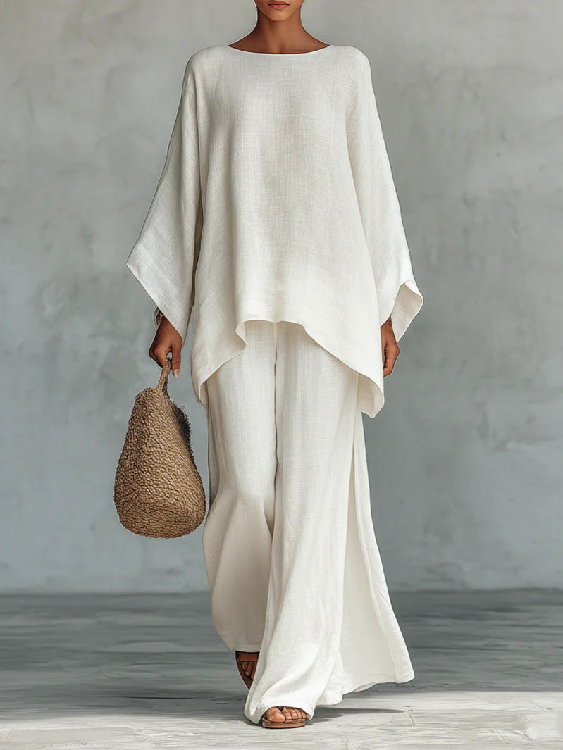 Beatrice - Conjunto minimalista de top y pantalón fluidos de mezcla de lino