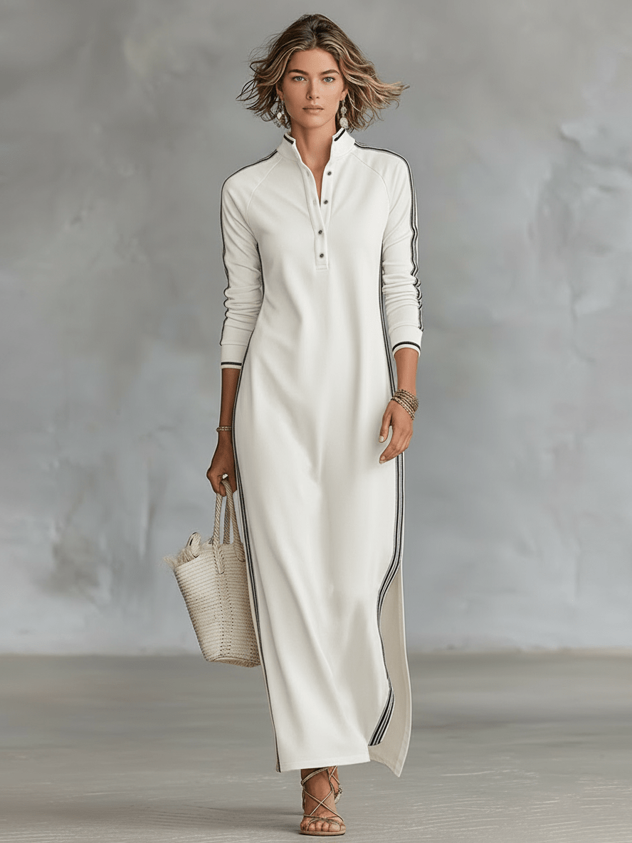Robe longue style sweat avec fermeture boutonnée et col