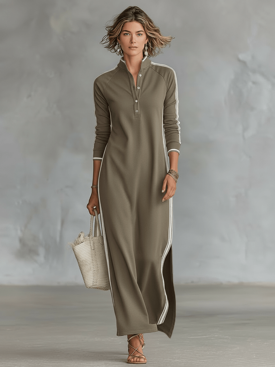 Robe longue style sweat avec fermeture boutonnée et col