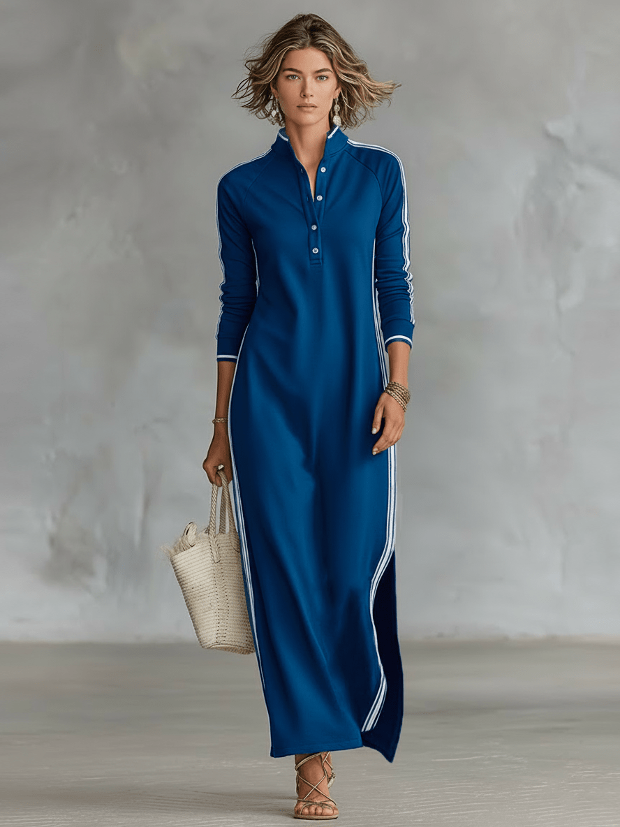 Robe longue style sweat avec fermeture boutonnée et col