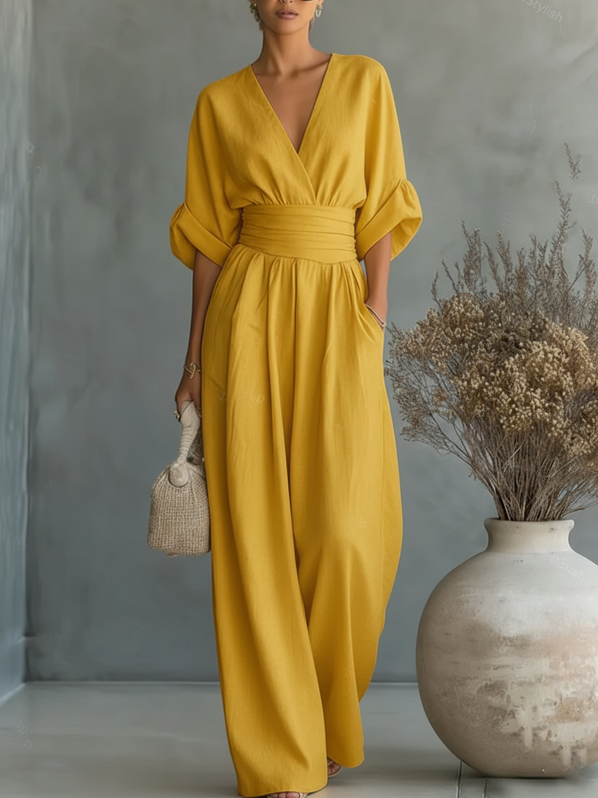 Combinaison élégante à encolure en V, taille haute et jambes larges
