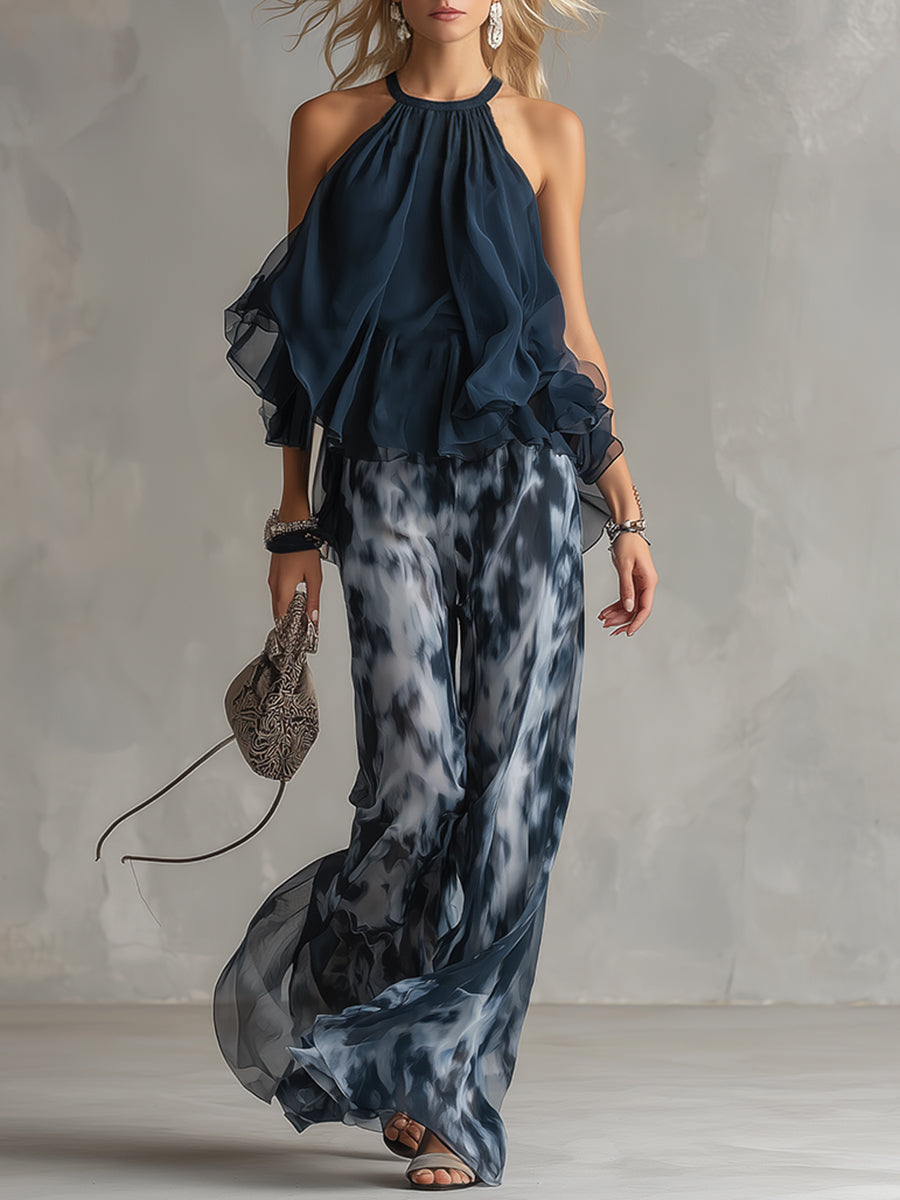 Serena | Ensemble élégant en mousseline, composé d'un haut à col montant et d'un pantalon à motifs à jambes larges