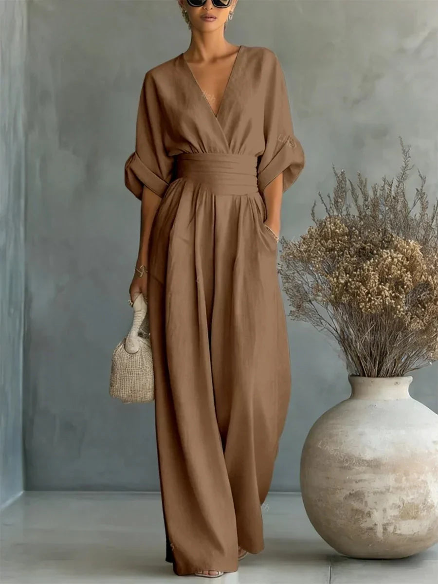 Combinaison élégante à encolure en V, taille haute et jambes larges