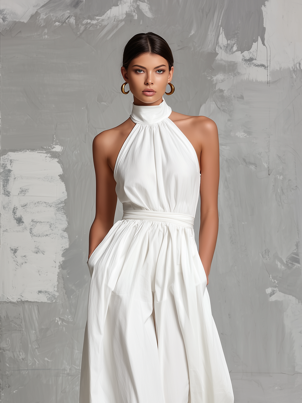 Fiamma | Élégante combinaison blanche en tissu tressé, à col dos nu et sans manches