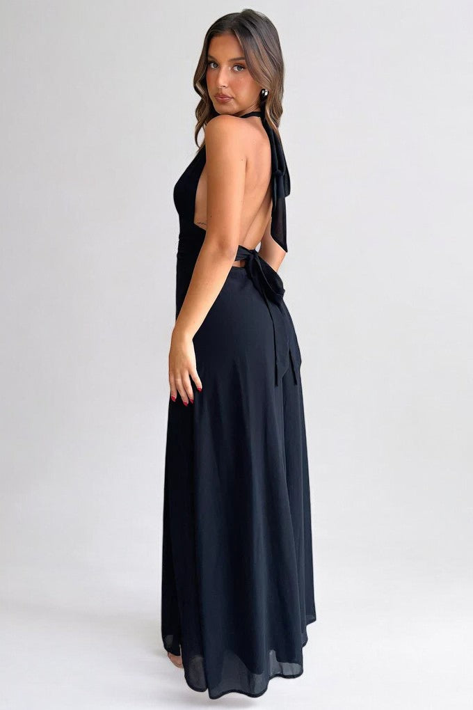 LILLI | Robe longue élégante avec col dos nu et fente haute