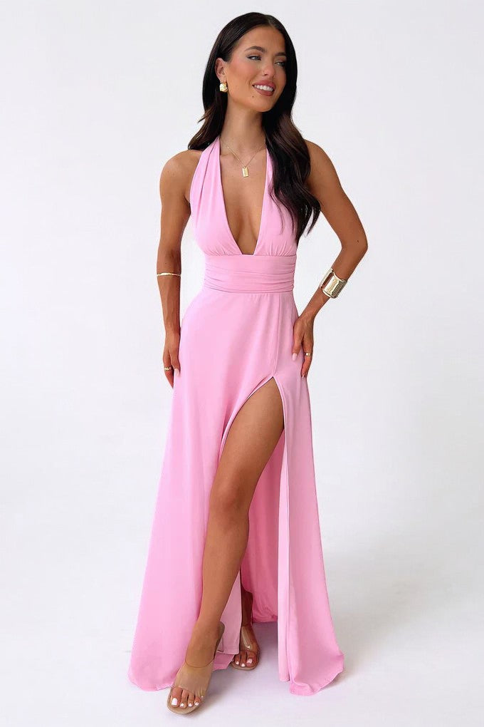 LILLI | Elegante vestido largo con cuello halter y abertura alta