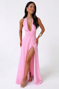 LILLI | Elegante vestido largo con cuello halter y abertura alta