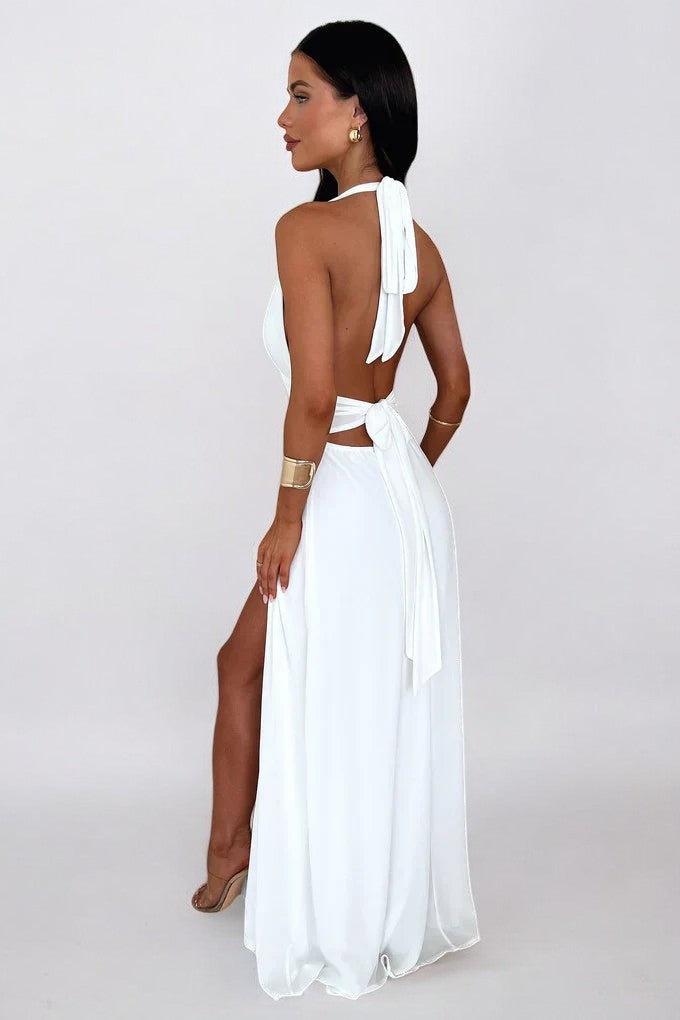 LILLI | Elegante vestido largo con cuello halter y abertura alta