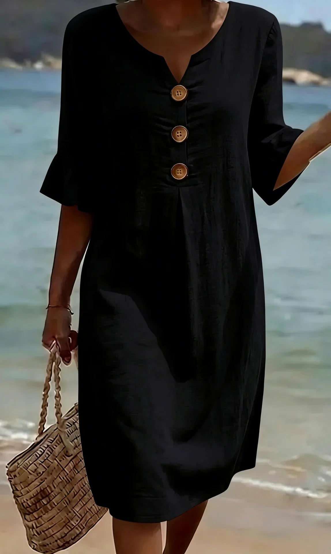 Vanesa™ | Robe texturée en lin avec manches bouffantes et boutons