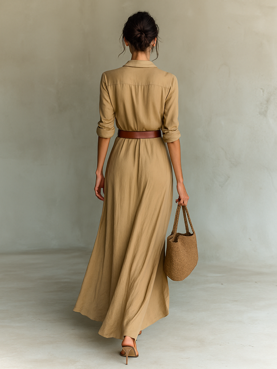 Vestido largo de manga larga con cuello de solapa para mujer