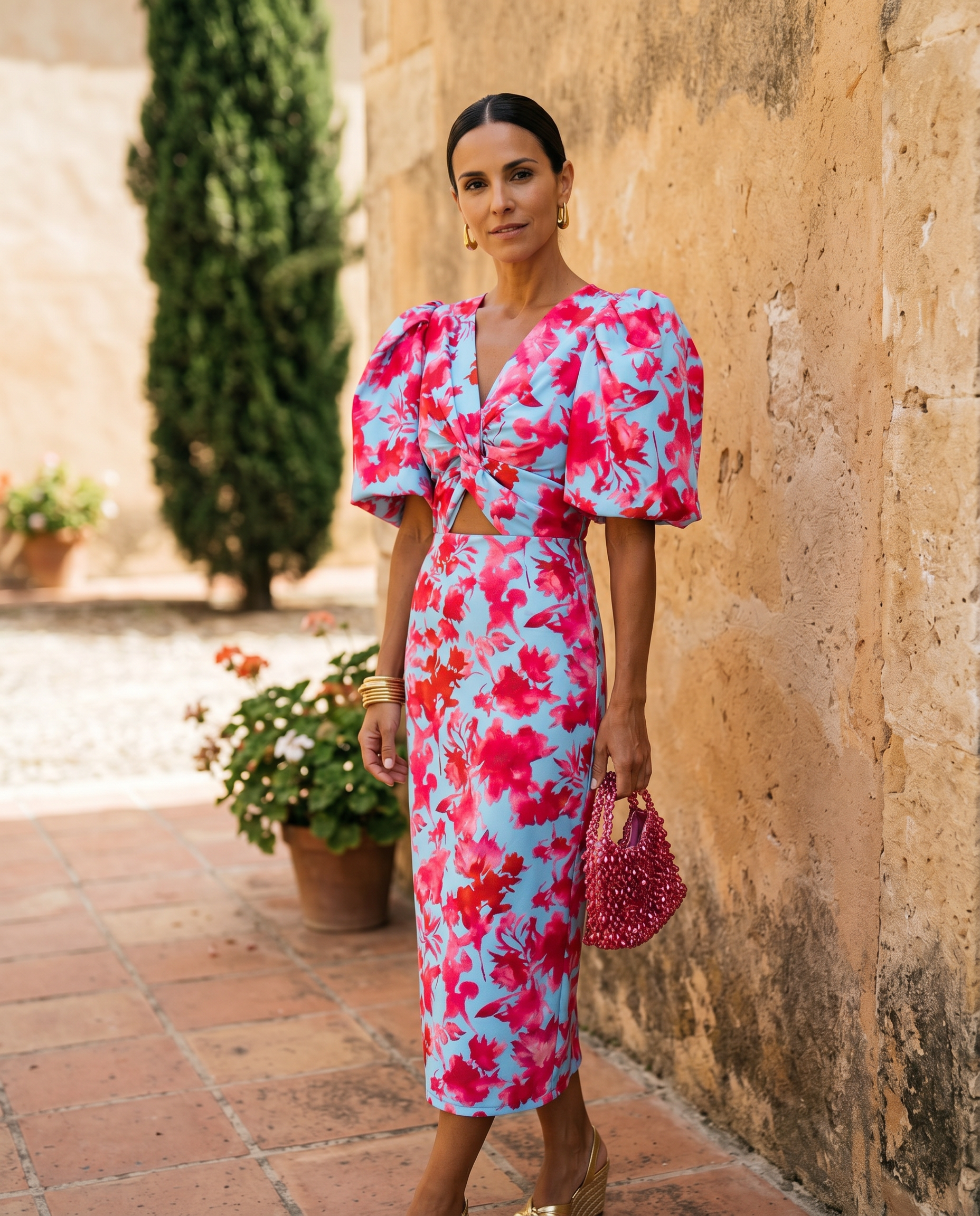 Carla | Robe midi imprimée à manches bouffantes