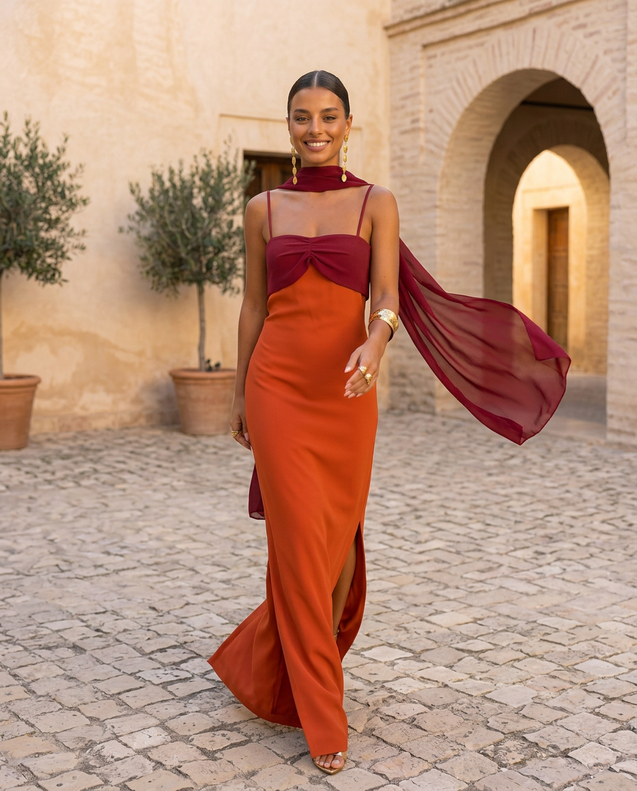 Sahara | Robe orange à encolure rouge