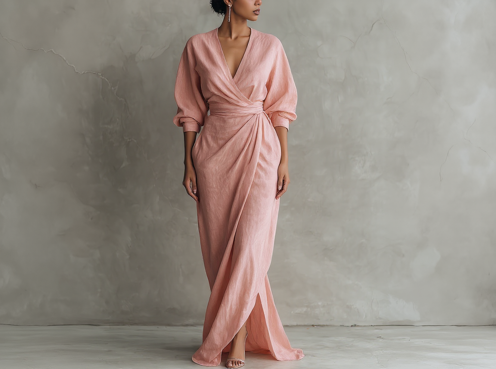 Vestido largo minimalista rosa de lino con escote en V para mujer