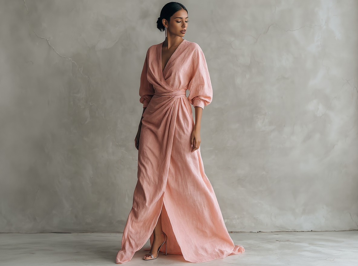 Vestido largo minimalista rosa de lino con escote en V para mujer