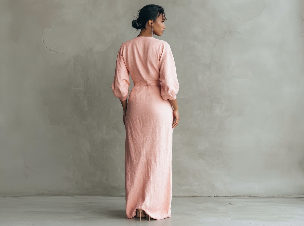 Vestido largo minimalista rosa de lino con escote en V para mujer