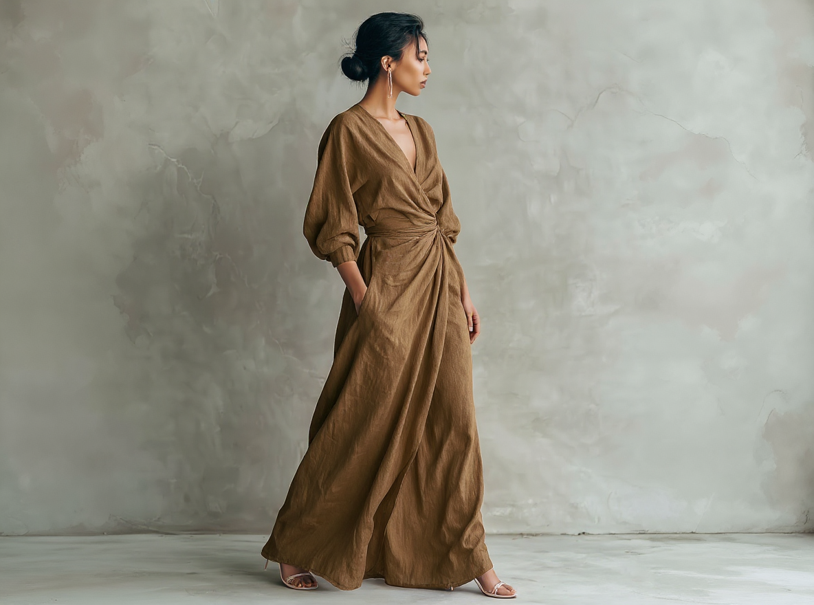 Vestido largo minimalista rosa de lino con escote en V para mujer
