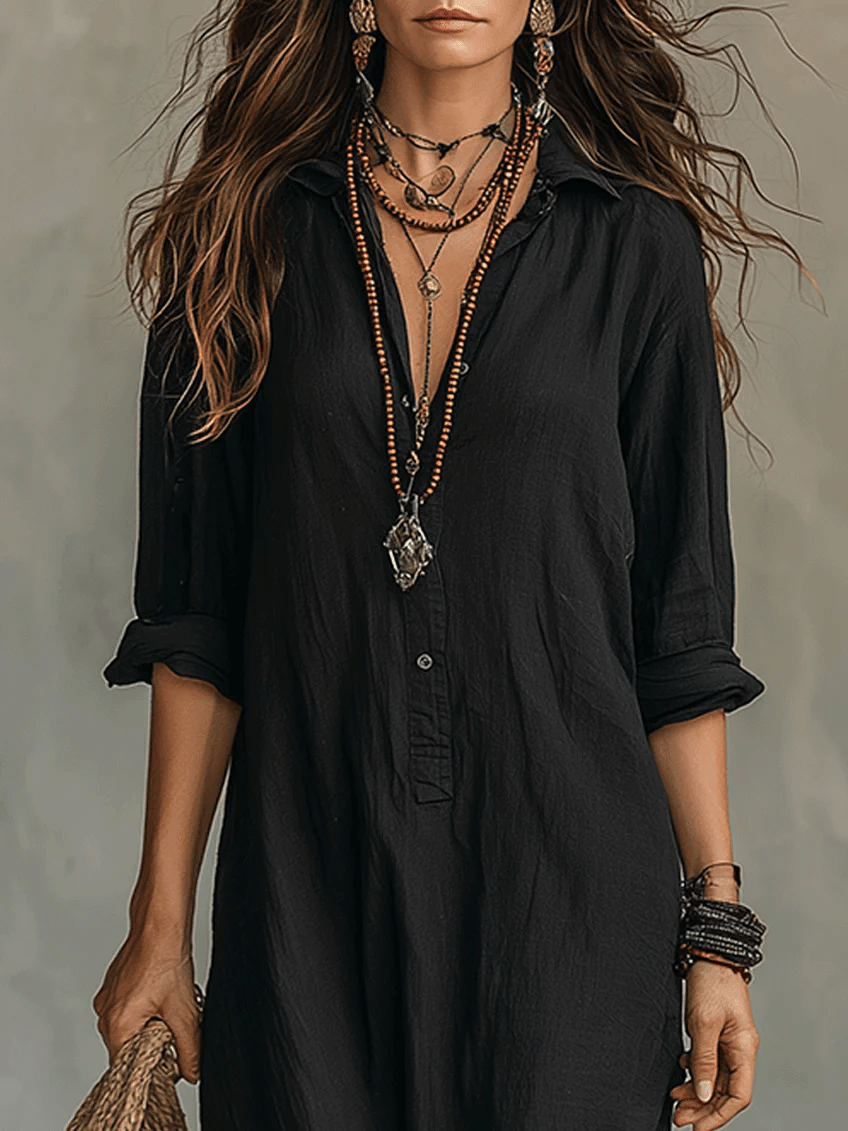 Soline™ | Vestido largo negro ajustado con botones