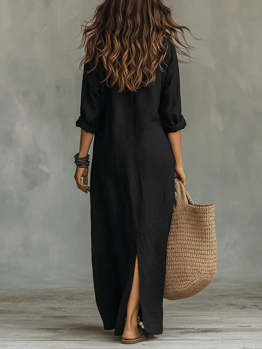 Soline™ | Vestido largo negro ajustado con botones