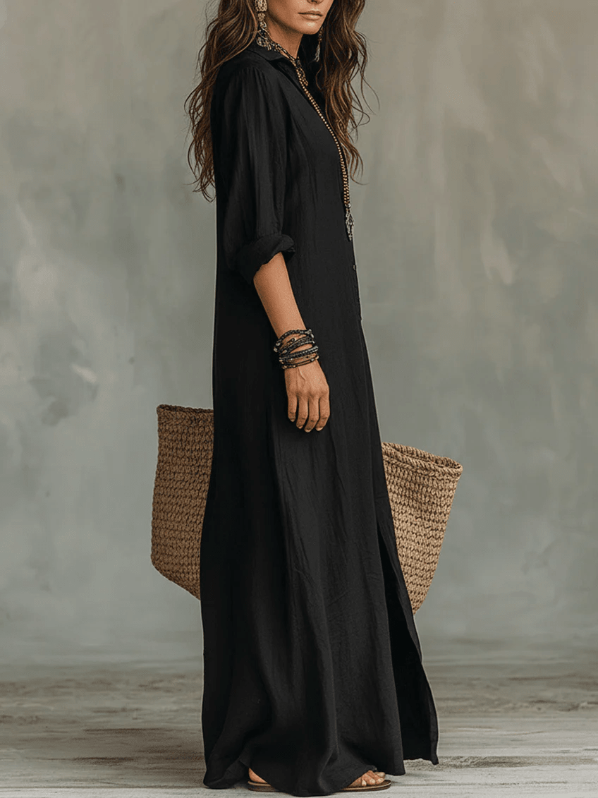 Soline™ | Vestido largo negro ajustado con botones