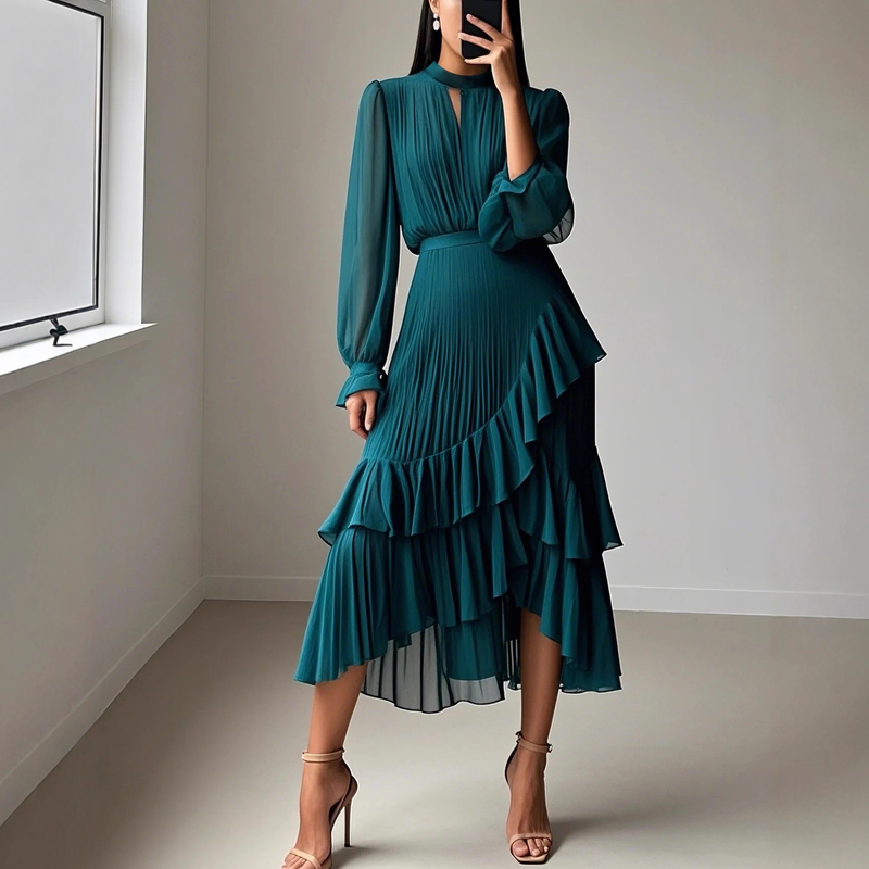 Elegante vestido midi plisado con volantes.
