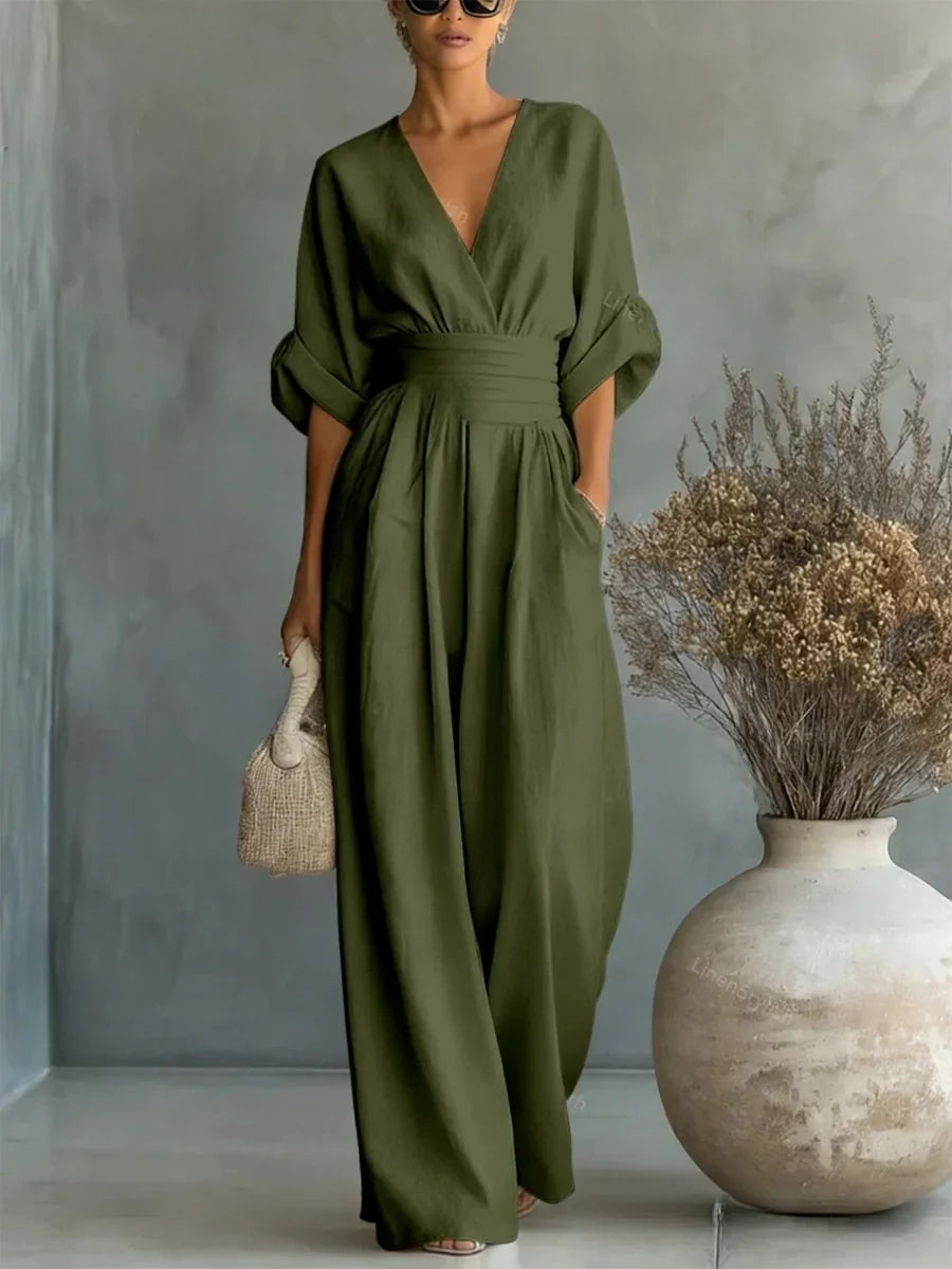 Combinaison élégante à encolure en V, taille haute et jambes larges