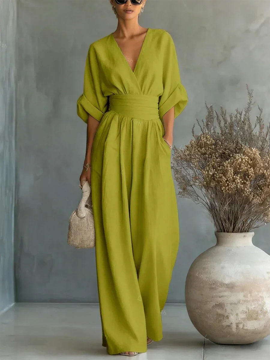Combinaison élégante à encolure en V, taille haute et jambes larges